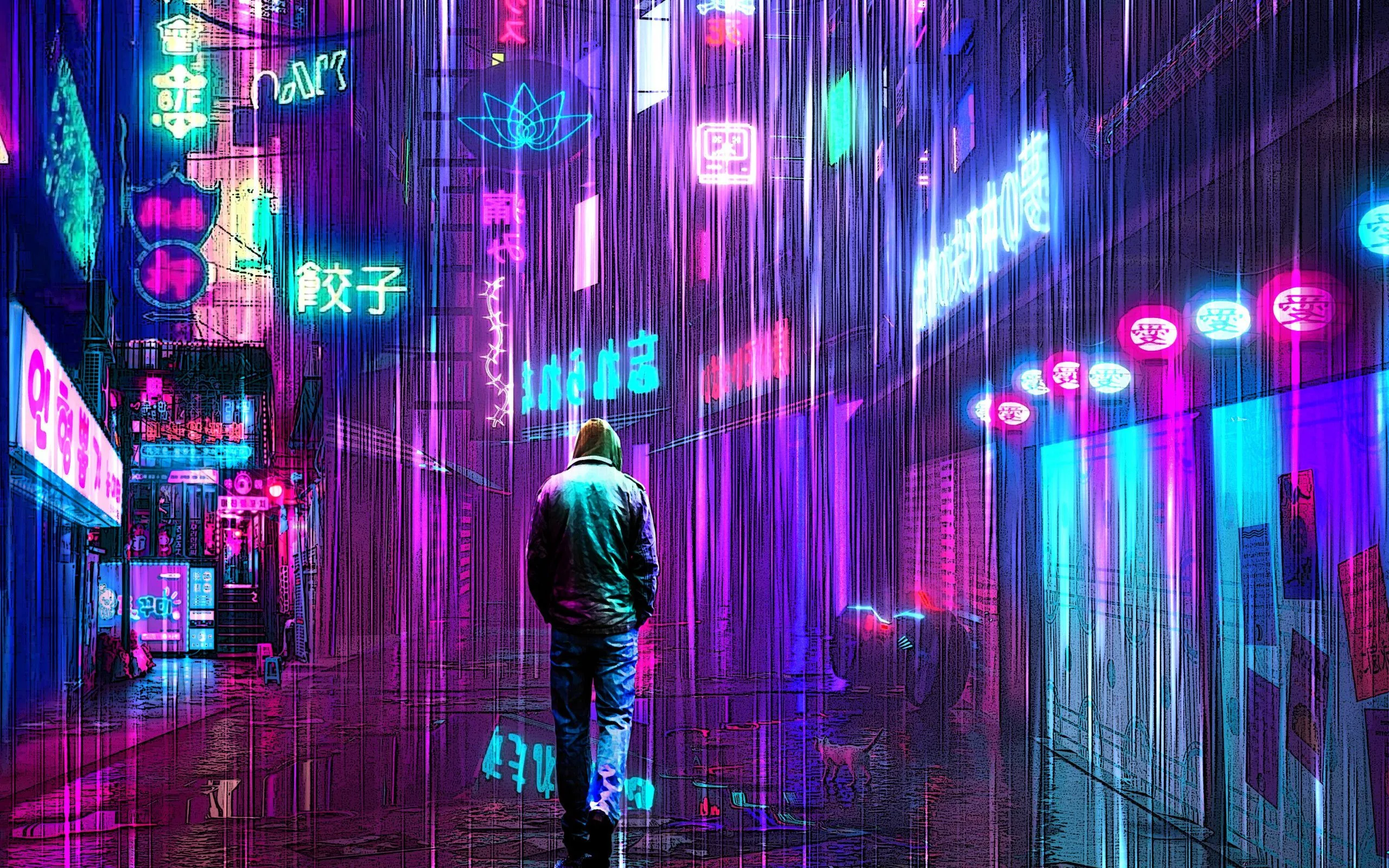 A lone figure walks down a wet alley lined with glowing signs, the rain streaking magenta and cyan reflections down the whole frame.