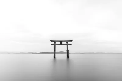 A weathered torii stands alone in a mirror-still lake, long exposure bleaching sky and water to pale grey so dark icons stay legible almost anywhere.