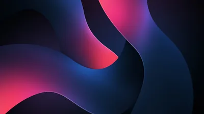 Rounded navy shapes overlap in the foreground while magenta and blue light glows through the gaps behind them.
