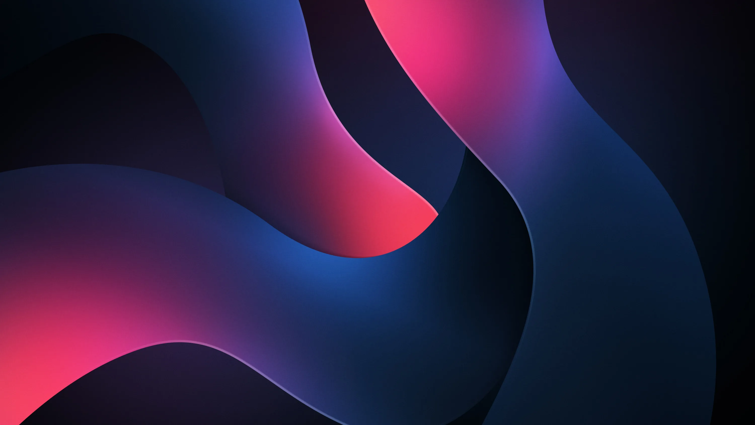 Wide navy ribbons curve through the dark, their inner edges blushing pink to magenta, with true black wells between the folds for AMOLED screens.