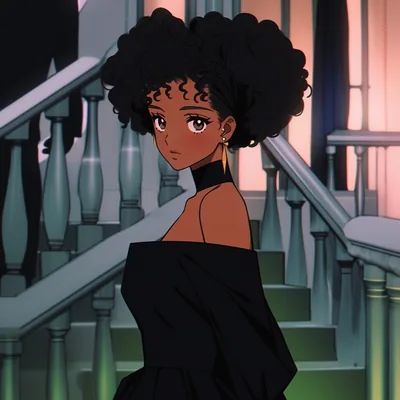 A girl with a full afro and a black off-shoulder dress turns back at the foot of a pale bannister, the stairwell behind her washed in dusty pink light.