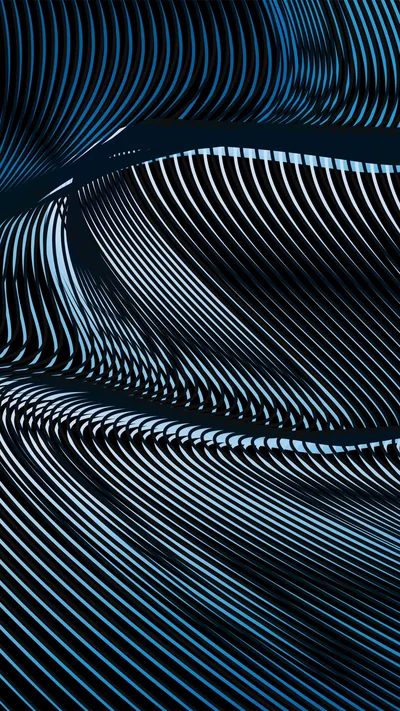 Fine white stripes wrap a twisting ribbon against deep blue, bunching where the surface turns back on itself.