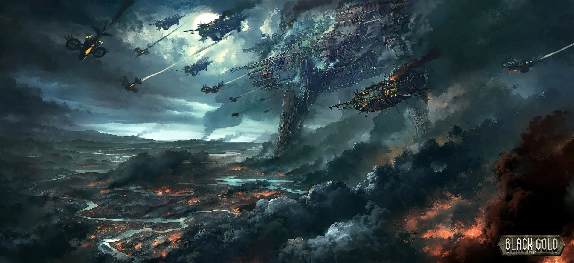 A wide painted panorama of warships circling a shattered tower, smoke and orange fire spreading across the valley floor.