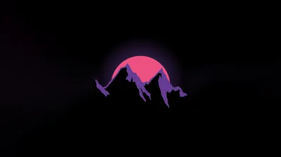 A hot pink disc sinks behind a violet mountain silhouette, its glow bleeding a short way into the surrounding black.