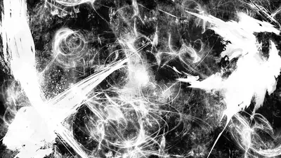 White paint slashes and looping spiral scribbles pile over a mottled black ground, dense in the centre and ragged at the edges.