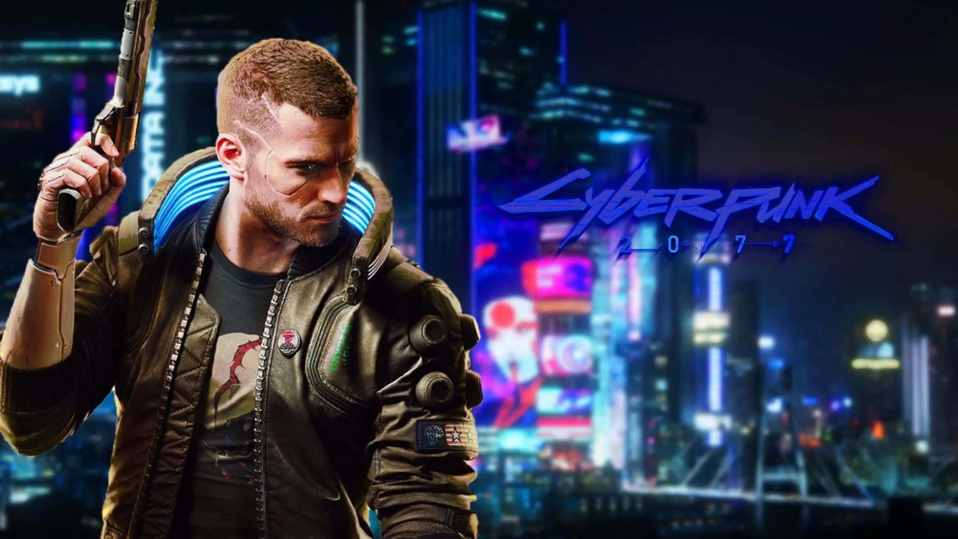 Male V rests a long rifle on his shoulder while the blue Cyberpunk 2077 sign burns to his right, the dim skyline keeping edges dark.