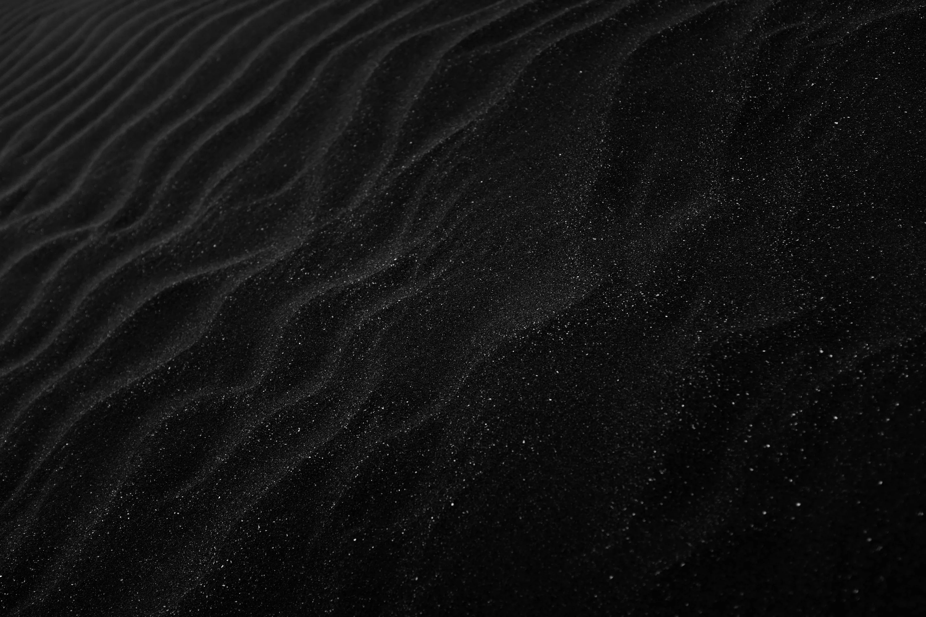 Wind ripples run in parallel across dark sand, individual grains catching light along the top of each ridge.