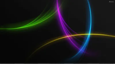 Green, magenta, blue and gold arcs sweep across a dark grey field, crossing near the centre.