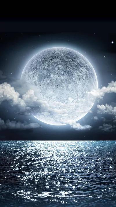 A large moon sinks toward a glittering sea, thin clouds crossing its face — the dark water in the lower third leaves room for icons.