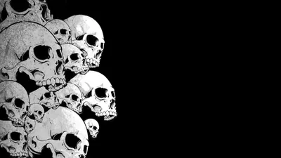 White skulls in different sizes pile up the left half of the frame, all facing right, with the entire right side left flat black.