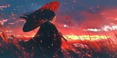 A swordsman wades through tall grass as the sky burns orange behind him, red petals and embers blowing past the wide woven hat on his back.