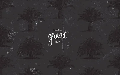 Rows of dark palm silhouettes repeat across a chalkboard-textured charcoal ground, the phrase handwritten in white at the centre.
