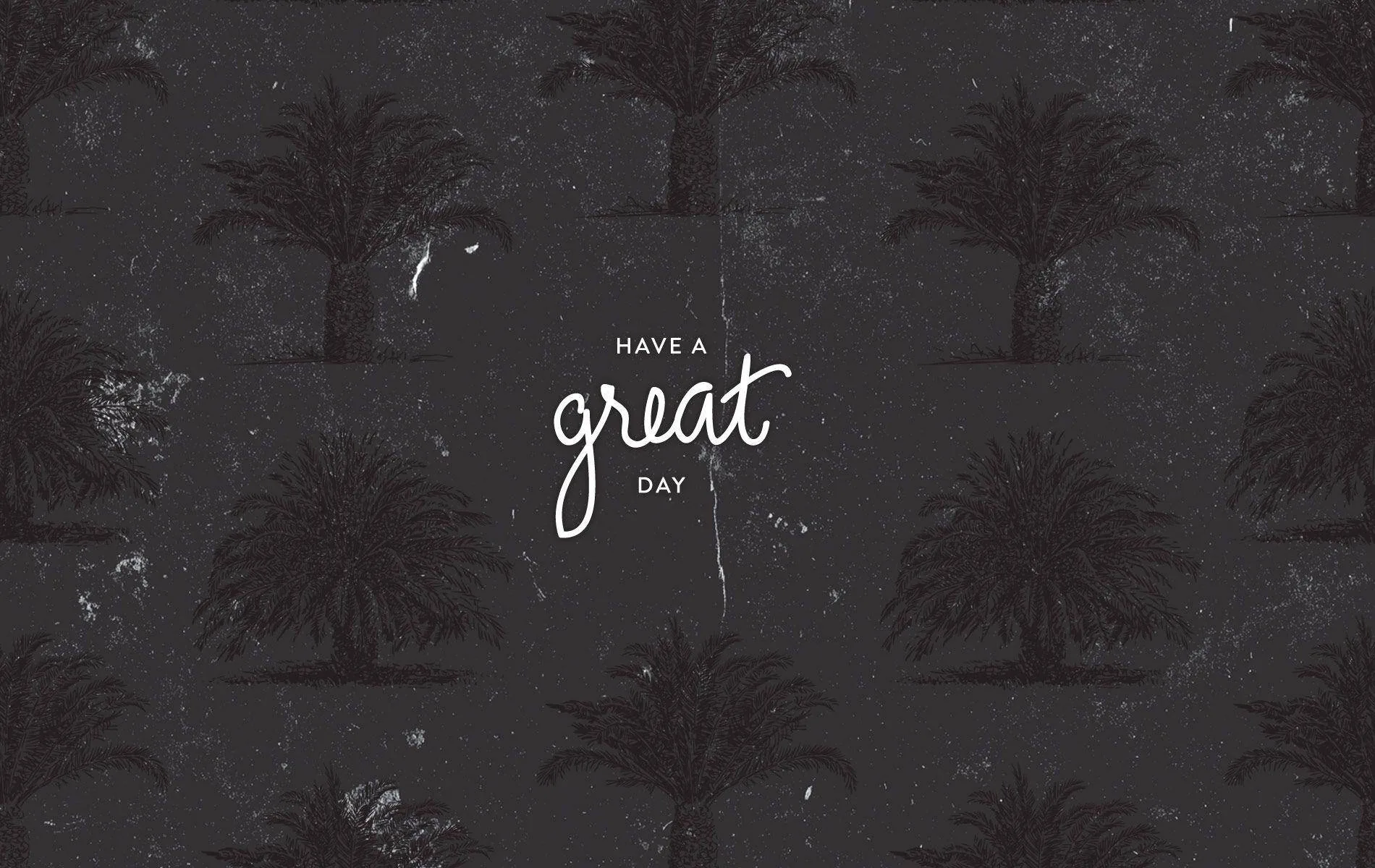 Rows of dark palm silhouettes repeat across a chalkboard-textured charcoal ground, the phrase handwritten in white at the centre.