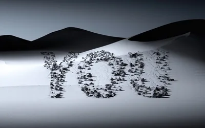 Dark stones laid out to spell YOU on a bright sand slope, black dunes rolling behind under a flat grey sky.