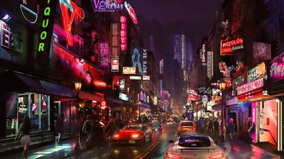Cars queue through a canyon of red and pink bar signs under a violet night sky, the brightest glow massed on the left wall.
