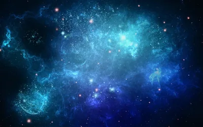Turquoise nebula clouds pile up across a blue star field, small red-orange stars scattered through the gas; the glow peaks mid-frame and dims toward the corners.