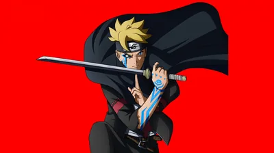 Boruto pulls a katana across his body, his black cloak whipping out behind him against a flat red field, blue chakra glowing along his forearm.