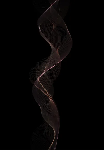 A single ribbon of dusty pink smoke twists up the middle of a tall frame, drawn from thousands of fine lines against solid black.