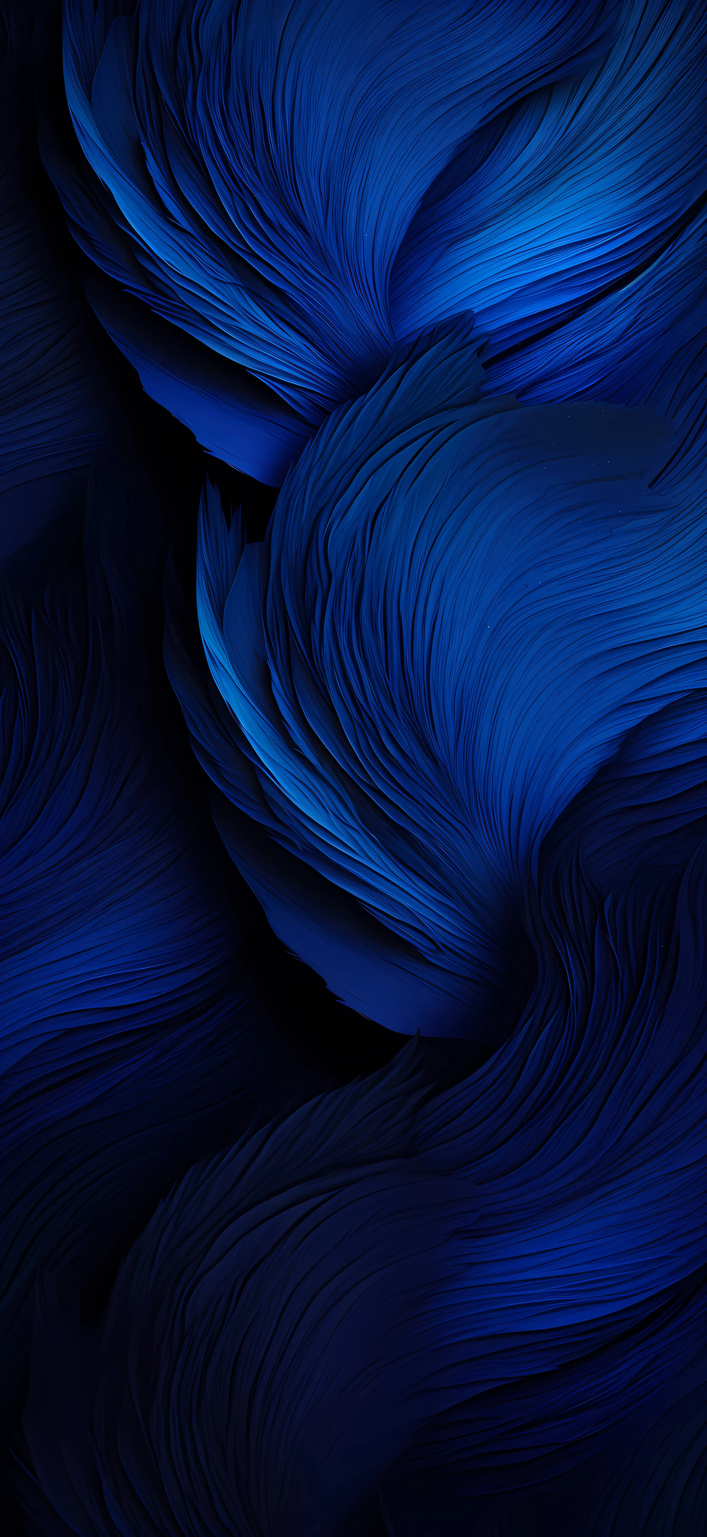 Fine brushed strands curl into feather-like whorls, cobalt where the light catches them and almost navy-black in the hollows.