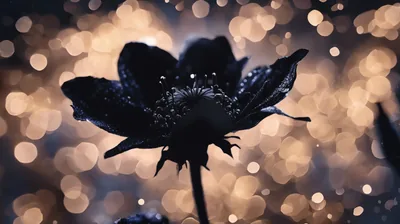A wet flower head stands in dark silhouette while warm bokeh circles fill the background from edge to edge.