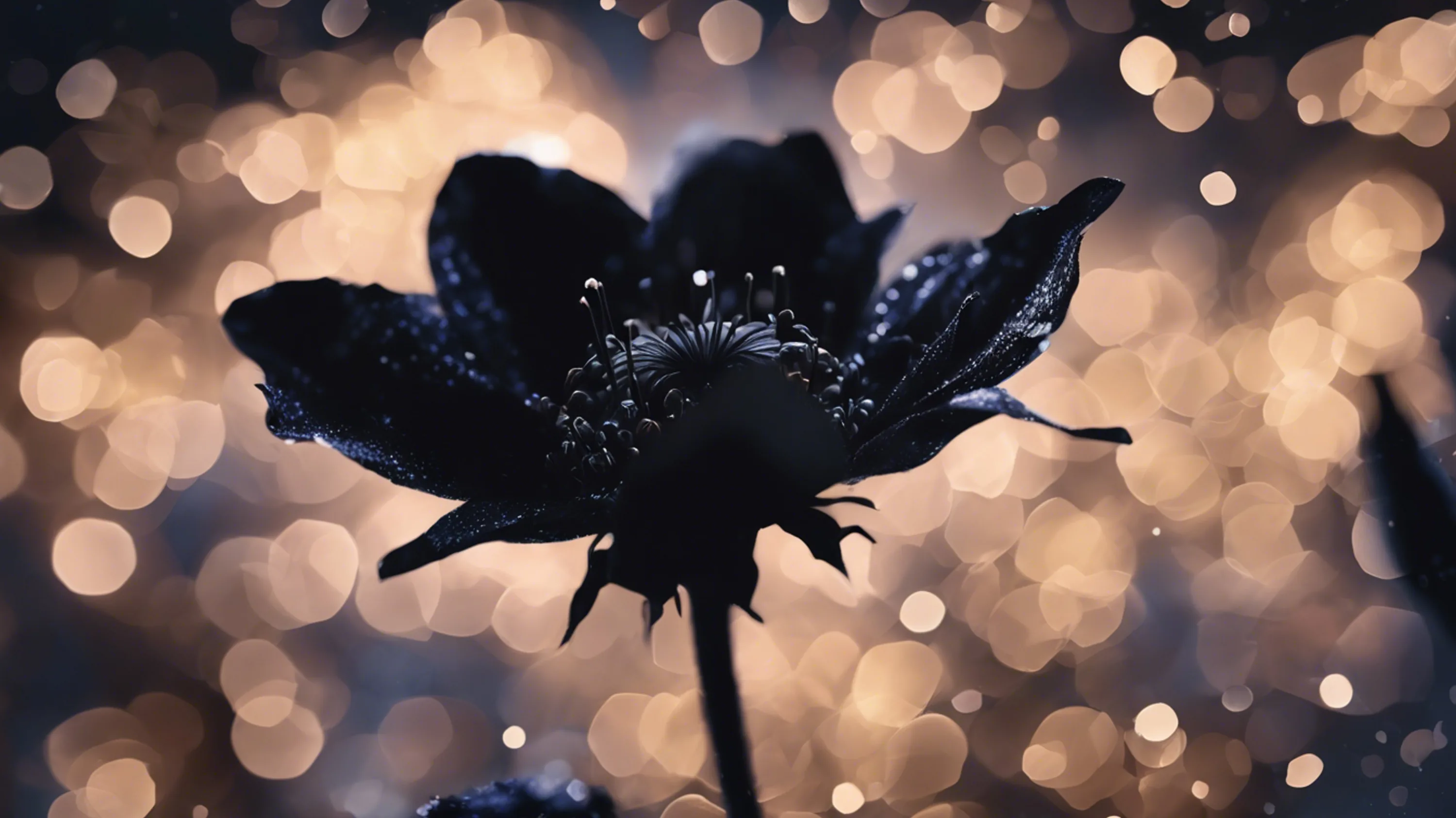 A wet flower head stands in dark silhouette while warm bokeh circles fill the background from edge to edge.