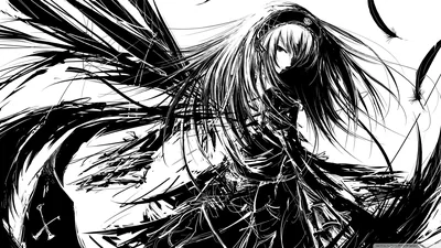 Ragged brush strokes spill out either side like wings, her long hair and layered dress drawn in pure black on flat white.