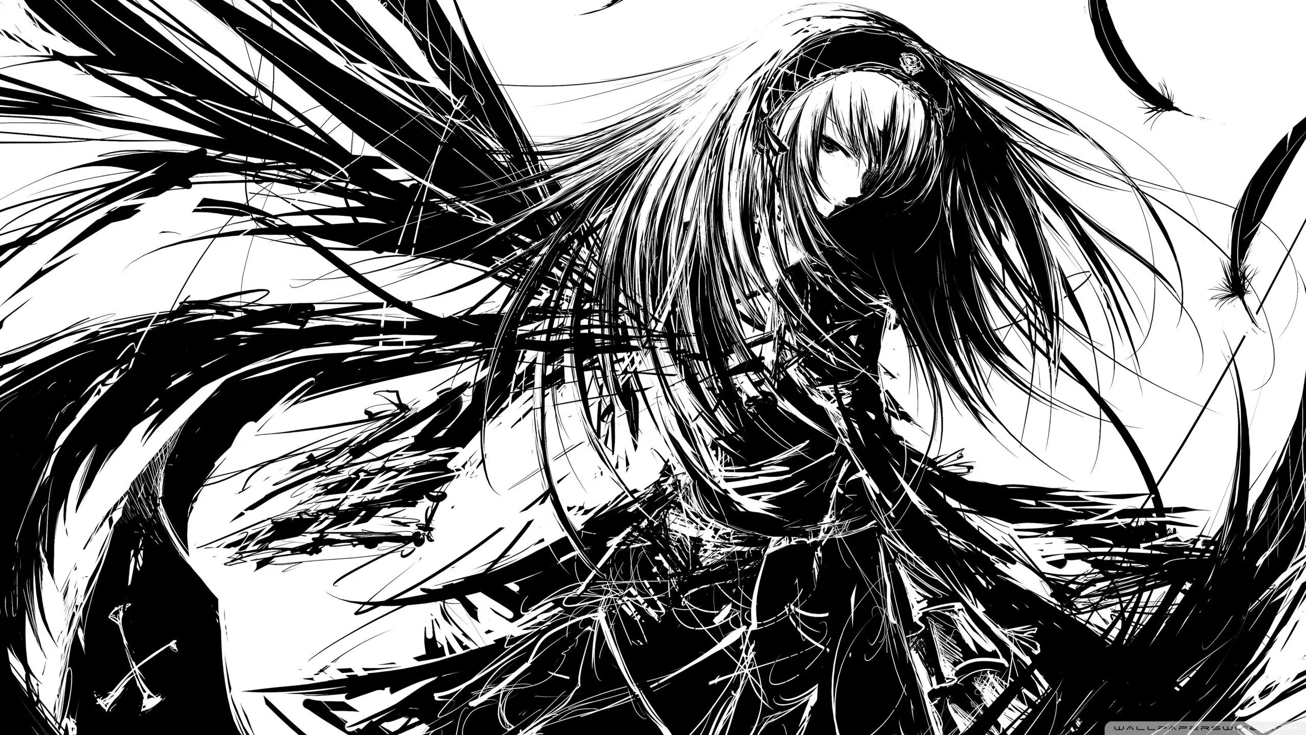 Ragged brush strokes spill out either side like wings, her long hair and layered dress drawn in pure black on flat white.
