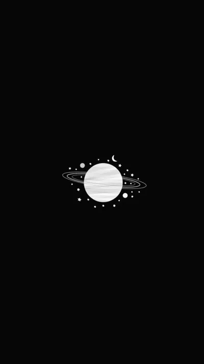 A single white ringed planet floats mid-frame on pure black, surrounded by scattered dots and a tiny crescent — mostly empty space for icons.