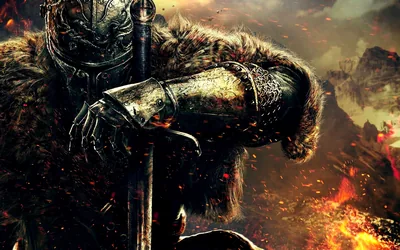 An armoured knight in a fur mantle rests both hands on a greatsword, orange embers rising from a burning ruin on the right.