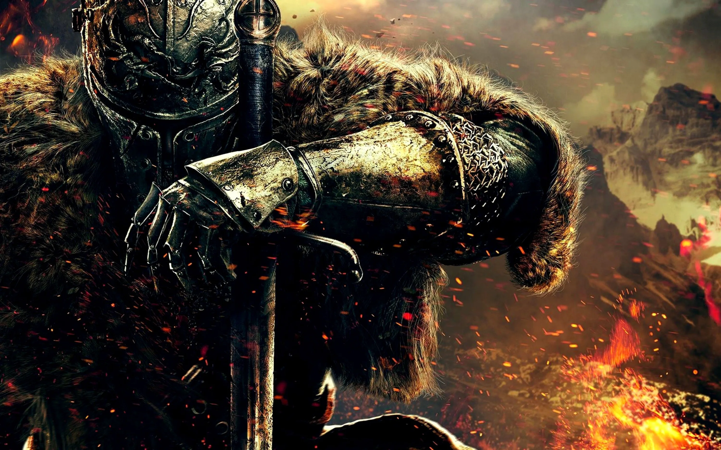 An armoured knight in a fur mantle rests both hands on a greatsword, orange embers rising from a burning ruin on the right.