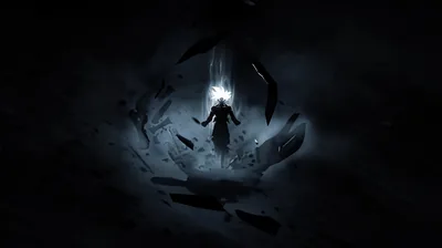 A pale winged silhouette hovers at the centre while dark shards circle around it in a wide ring.