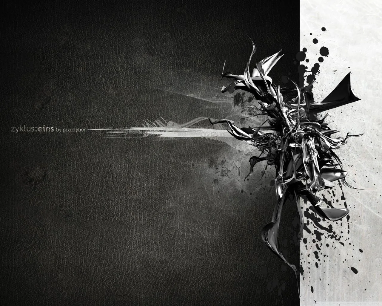 Chrome shards burst from a splatter of white paint along the right edge of a textured slate ground, leaving the left two-thirds calm and dark.