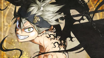 Asta grins over his shoulder in manga-cover style, black anti-magic veins on his arm, a horned shadow spreading across the antique gold background to the right.
