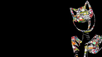 A cat-eared rider silhouette filled with a dense sticker-bomb collage sits at the right edge, the left two thirds left in flat black for icons.