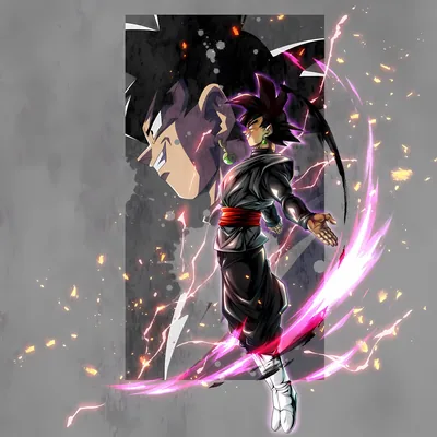 A grey textured border frames Goku Black in black gi and red sash, his own giant portrait shadowed behind him and a pink arc curling past.