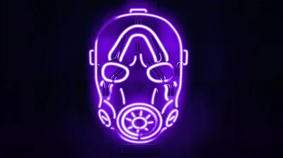 A gas mask traced in purple tube light floats centred on a near-black wall, the filter disc the brightest part of the drawing.