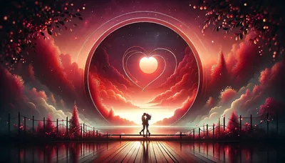 A couple stand small at the end of a wet pier while a huge ring holding a glowing heart hangs in crimson clouds ahead of them.