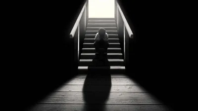 An open door at the top of the stairs throws white light past a slumped figure, and the monochrome floor below fades to black for icons.