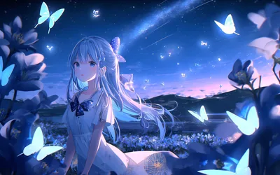 A long-haired girl in a white dress stands waist-deep in pale blossoms at night, glowing blue butterflies rising toward a shooting star.