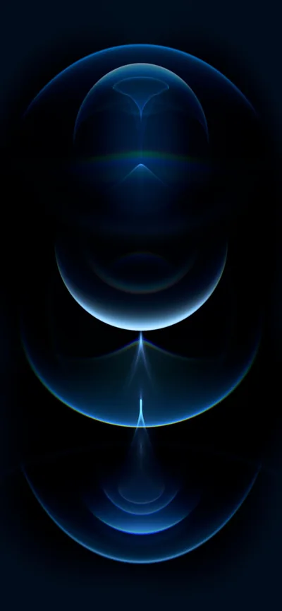 Blue glass domes stack down a near-black frame, a bright vertical seam splitting the lower half where two curved edges meet.