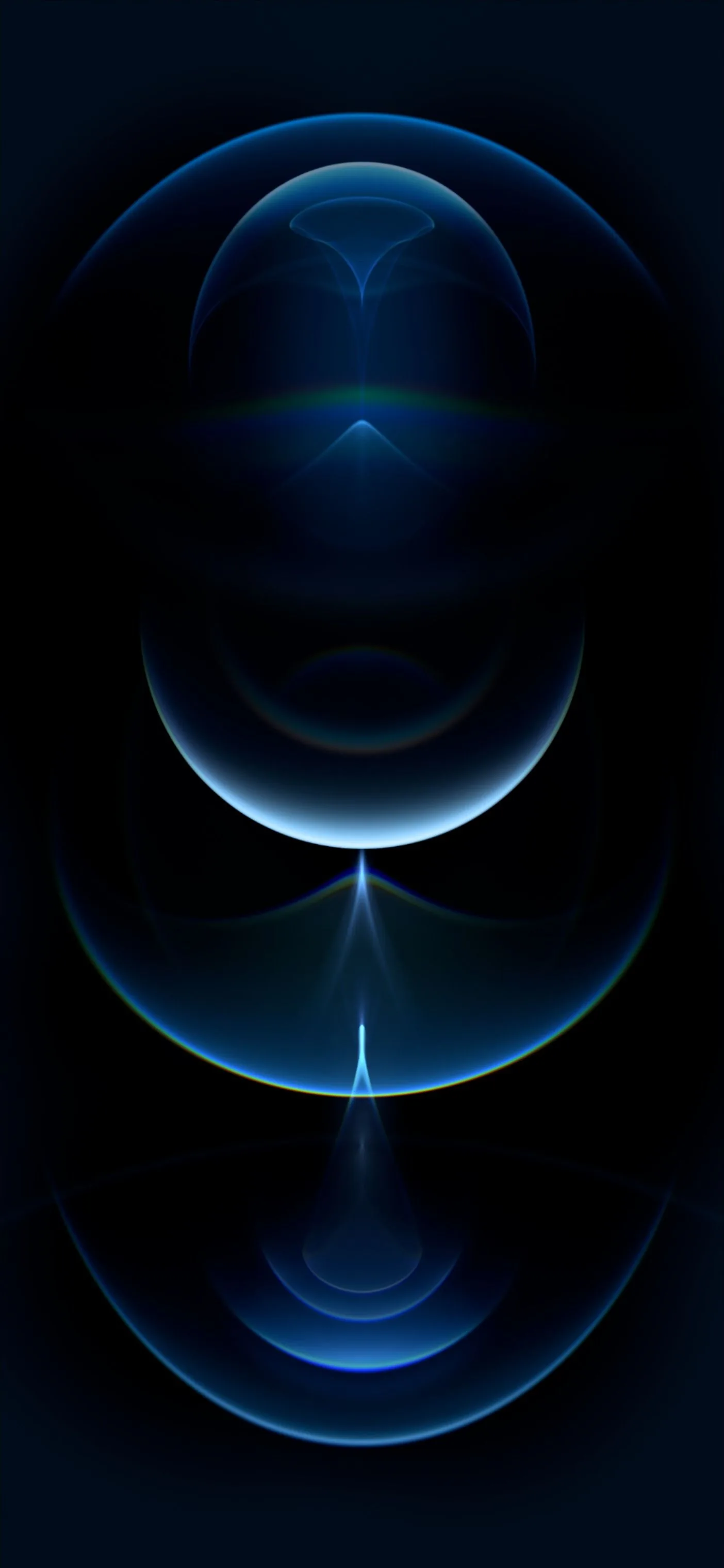 Blue glass domes stack down a near-black frame, a bright vertical seam splitting the lower half where two curved edges meet.