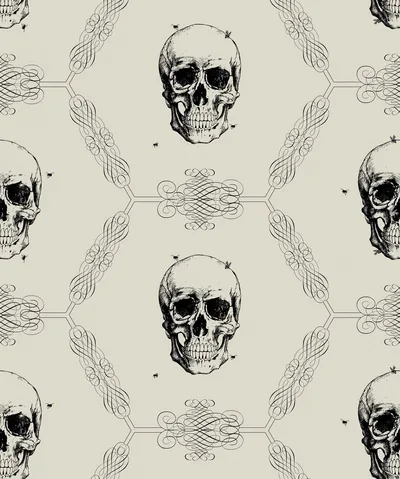 Etched skulls repeat in vertical rows on a cream ground, linked by looping scrollwork with tiny bees drifting between them.