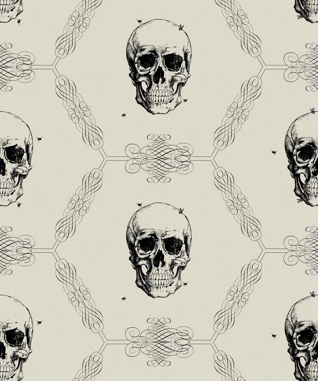 Etched skulls repeat in vertical rows on a cream ground, linked by looping scrollwork with tiny bees drifting between them.