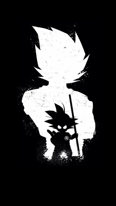 Young Goku stands with his power pole in front of an oversized white silhouette of his own spiked hair, painted in rough monochrome.