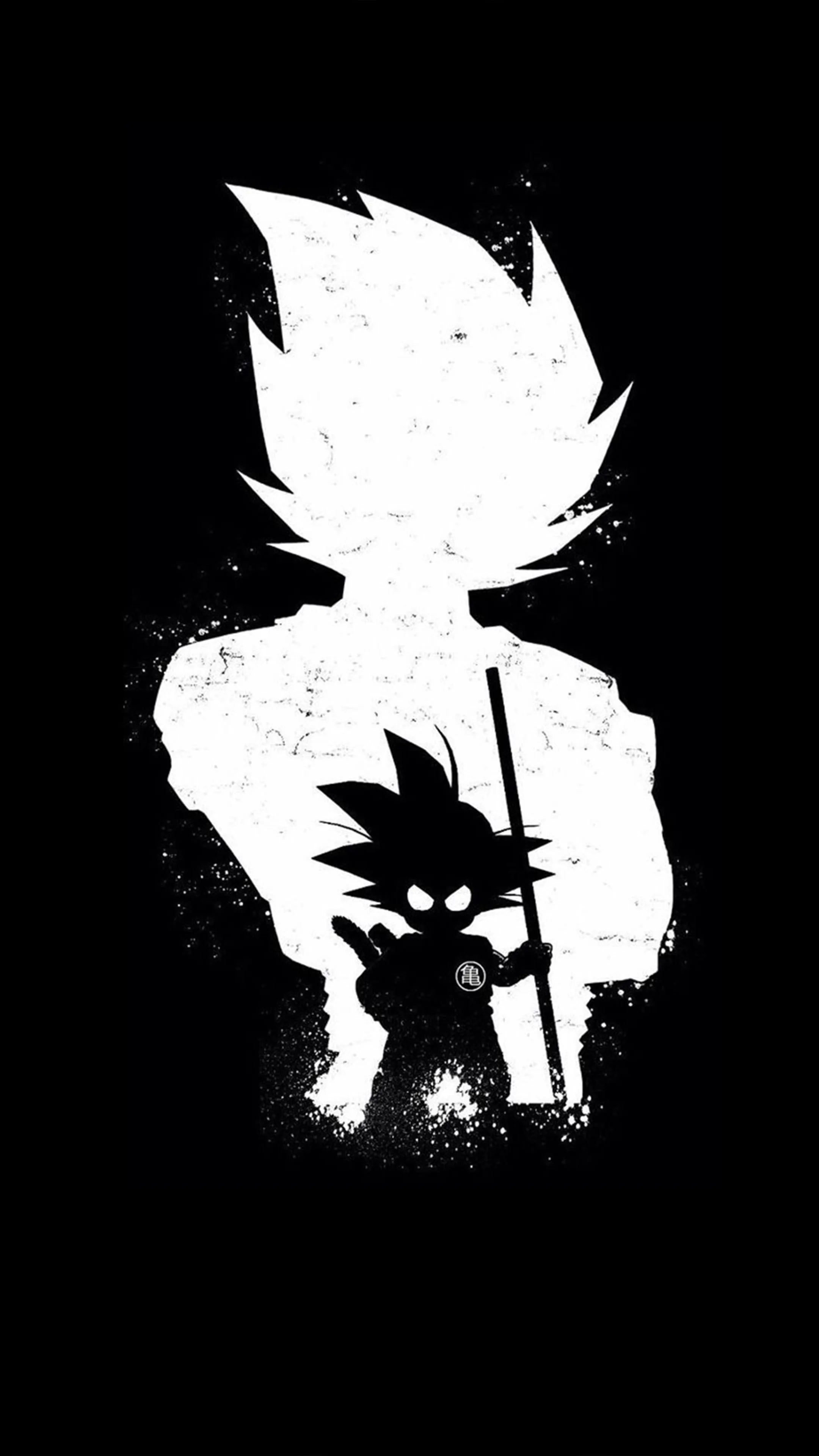 Young Goku stands with his power pole in front of an oversized white silhouette of his own spiked hair, painted in rough monochrome.