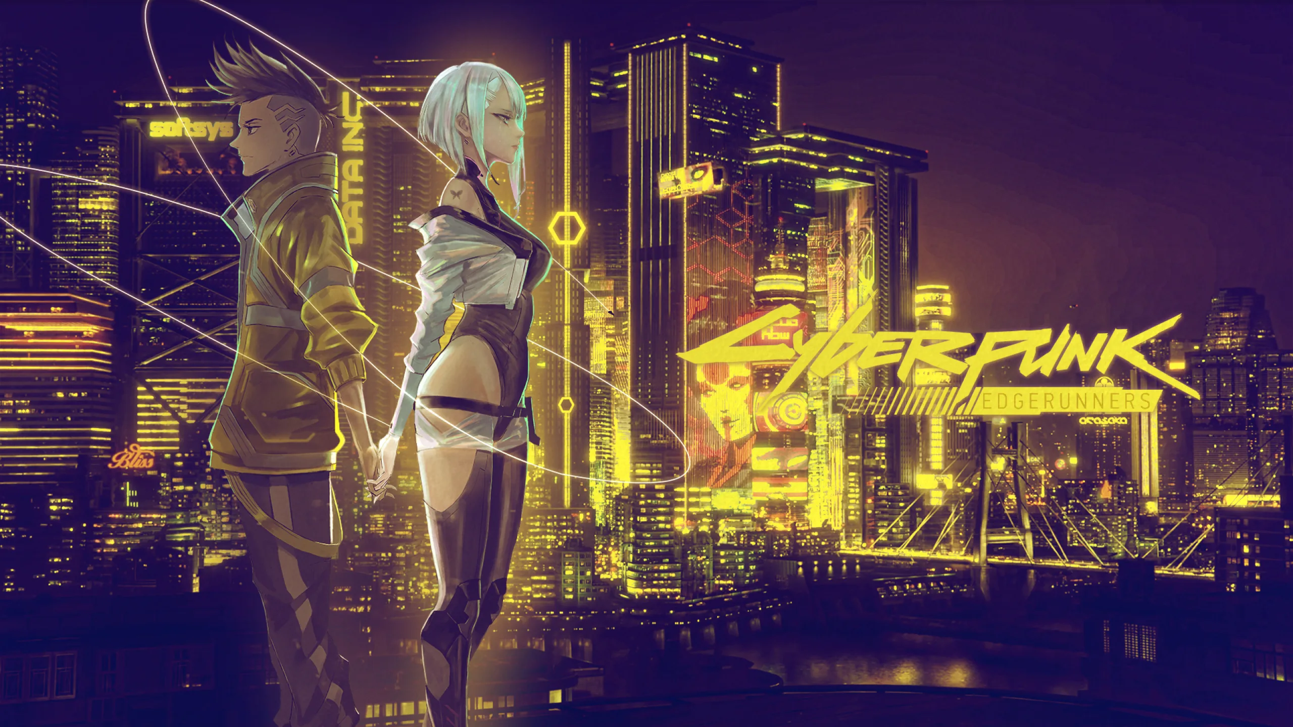 Two Edgerunners stand back to back above an amber-lit sprawl, the script logo at right, every window in the city burning gold.
