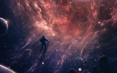 A lone figure floats toward a wall of red and violet nebula cloud, planets rimmed in light at both edges of the frame.