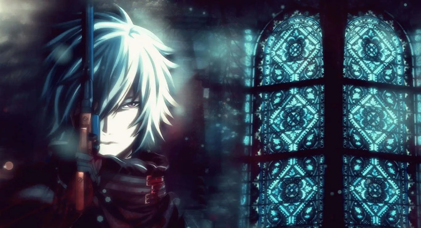 A white-haired anime boy with a sword looks back beside a tall cathedral window glowing icy blue, the rest of the hall kept dark.