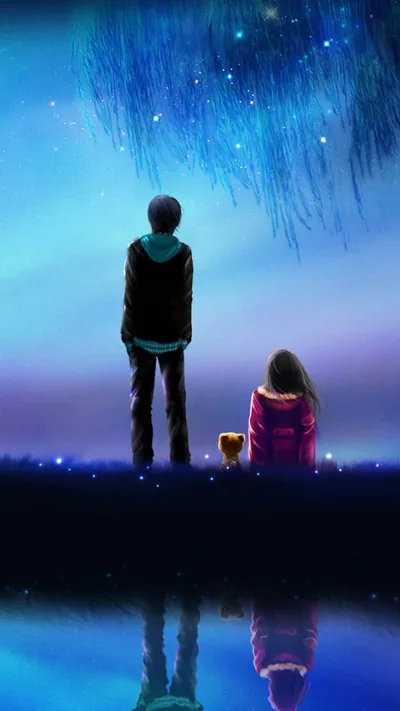 Two children sit and stand at the edge of still water under a willow, fireflies and blue night light mirrored in the surface.