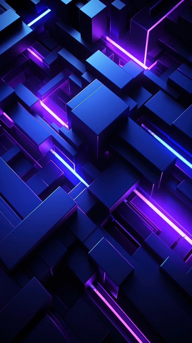 Interlocking dark blue blocks angle across the frame with violet rods recessed in their seams, an even 3D texture that hides a notch easily.